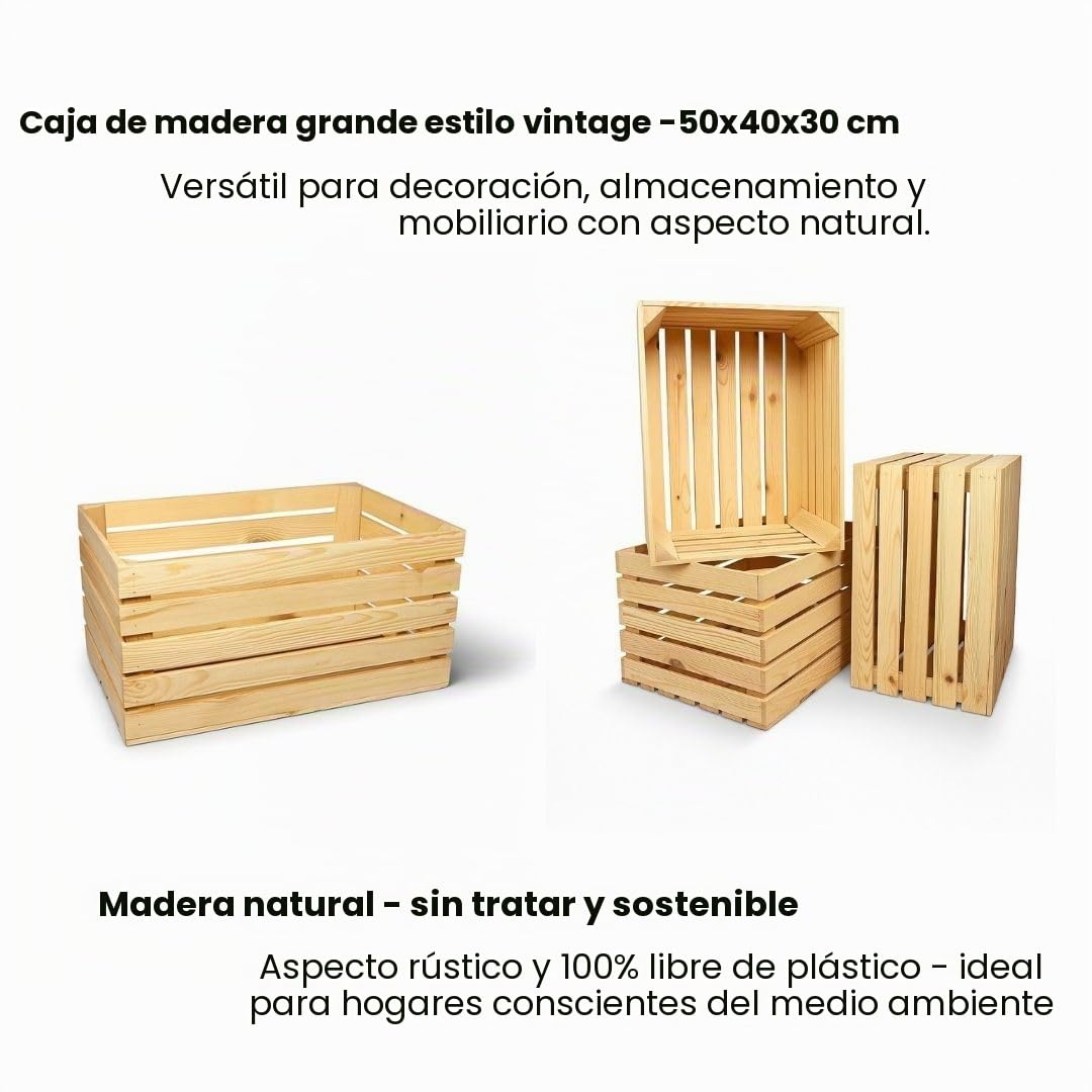 Cajas de Madera Grandes - Frutero Madera - 3 cajas - decorativa para almacenamiento, estante, jardín, interior o exterior - 50 x 40 x 30 cm