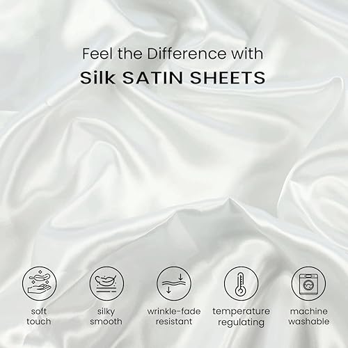 Miniatura 4 de Juego de edredón 100% satén de seda pura con juego de 4 piezas, sábana bajera de seda con bolsillo profundo de 15 pulgadas, sábanas de seda suave y