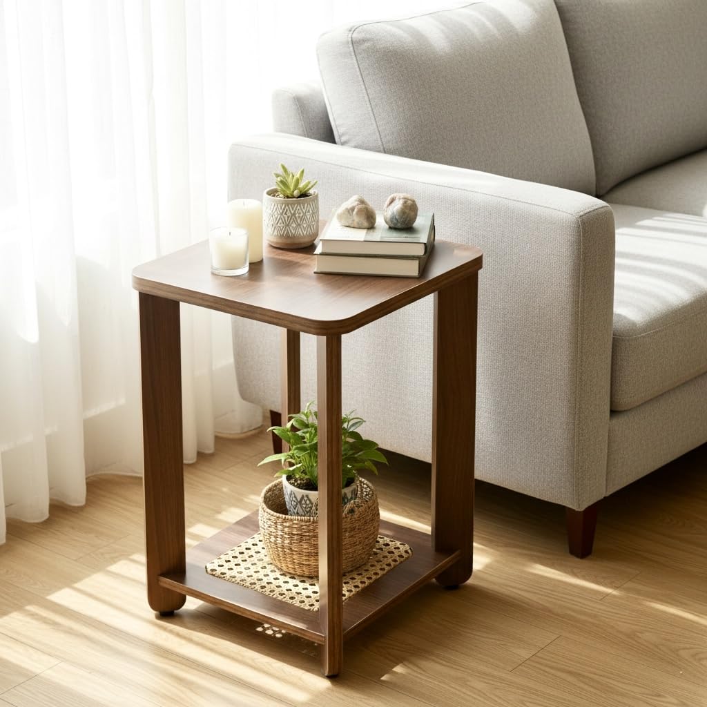 InoSlashed Beautiful Wooden Side Table/End Table/Plant Stand/Tea Table/Stool Living Room Furniture Square Shape with Rattan Webbing (17 Inch Height) (Columbian Walnut)-image-6
