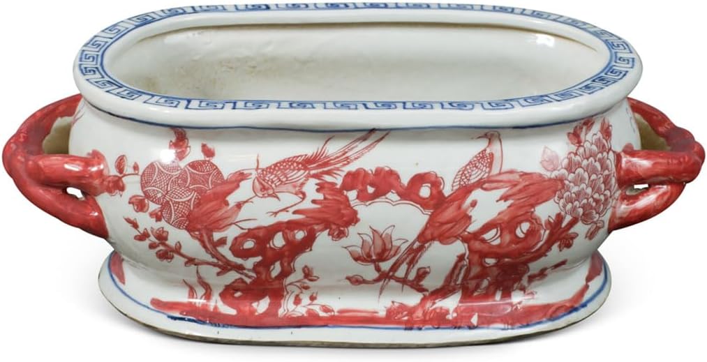 Red and White Chinoiserie Bird and Flower Motif Chinese Porcelain Footbath Planter