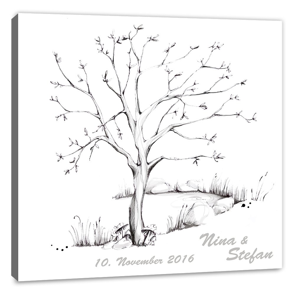 Fingerabdruck Baum Leinwand 60x60 mit NAMEN & DATUM - INKL Zubehör-Set (Stempelkissen+Stift+Anleitung+Hochzeitsbuch+...) - Wedding Tree Zeichenstil grau - Fingerabdruck Baum Leinwand