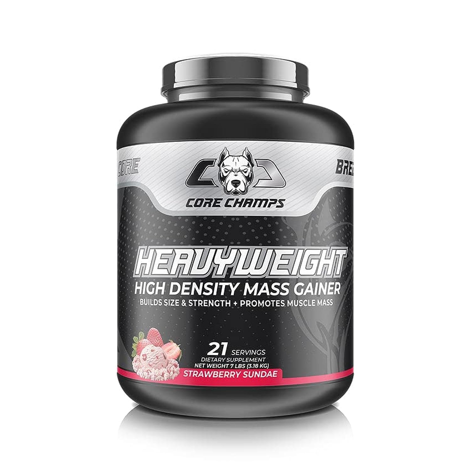 Core Champs Heavyweight Mass Gainer: 7 LB| 21 Servings| 3.18KG| Ultimate Muscle-Building Formula with| 34g Protein| 580 Calories| 15.6G EAAS| Premium Ingredients - Gain Size Fast| (Strawberry Sundae)