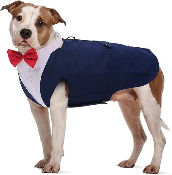 IDOMIK Dog Tuxedo Suit, Navy Blue, Polyester & Cotton, for Small to 2XL Dogs, Formal Vest with Detachable Bow Ties & Bandana Scarf, Great for Weddings, Birthdays, Parties