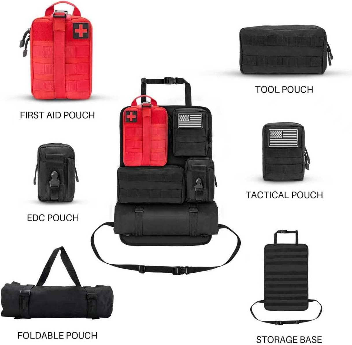 Back Seat Car Organizer, Tactical Seat Back Organizer with 5 Detachable MOLLE Pouches, Tactical Car Accessories Truck MOLLE Panel Fits Vehicle