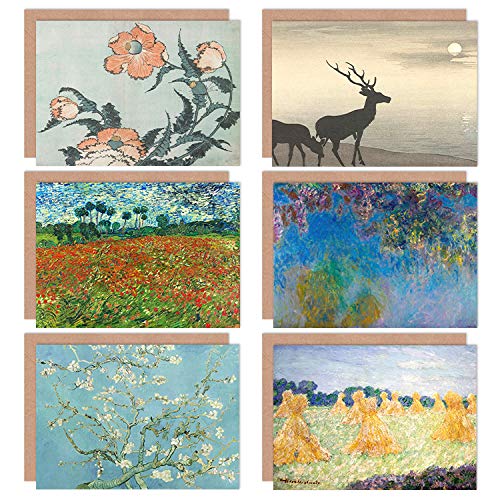 Artery8 Monet Koson Van Gogh Hokusai Flowers Poppy Blossom Mixed Fine Art Greeting Card Pack of 6, Mixed Artist Pack 8, 12.5 x 17.5 cm
