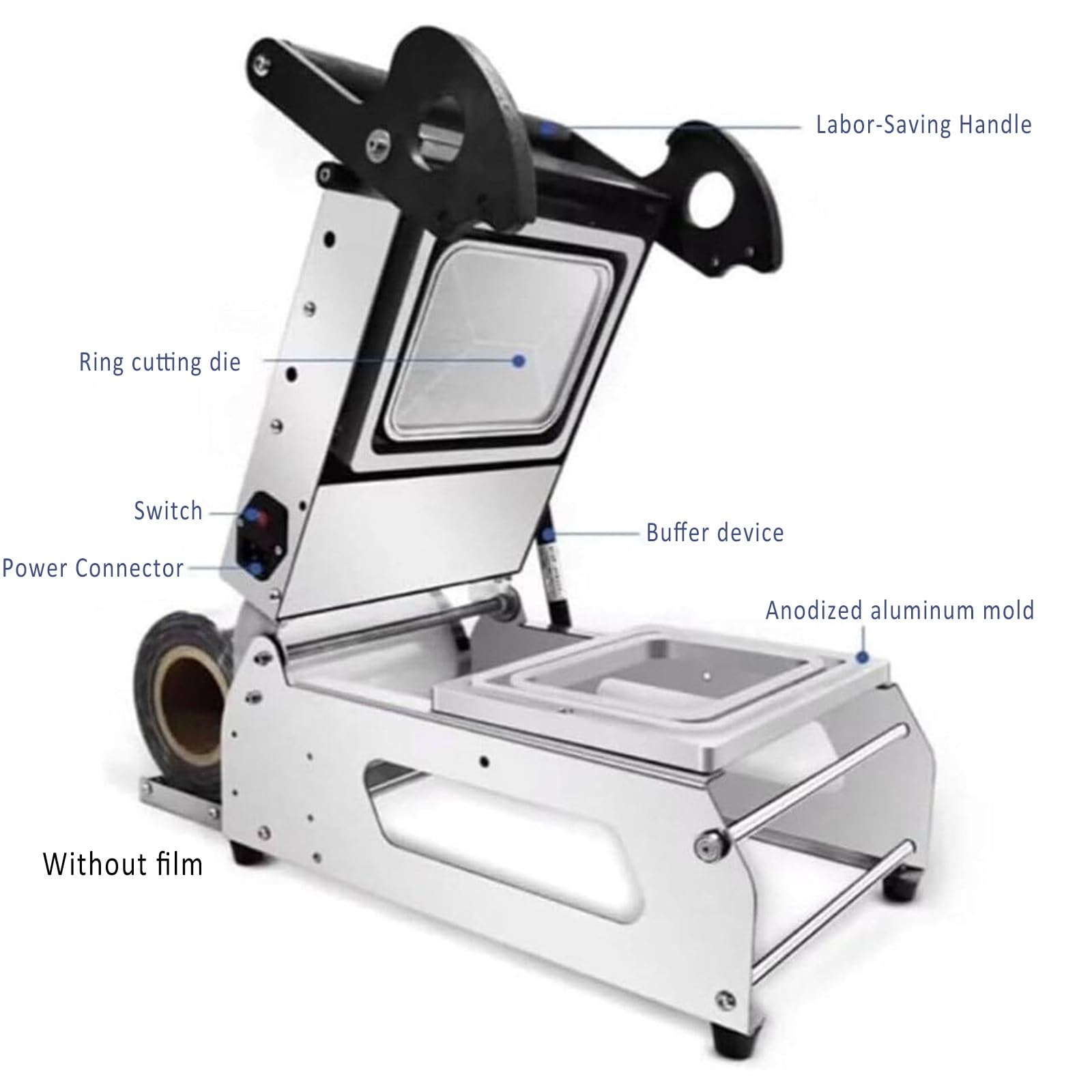 Selladora térmica comercial para bandejas de comida, temperatura ajustable de 0 a 200 °C, 7-8 veces por minuto, máquina envasadora de alimentos a presión manual para cajas de comida para llevar