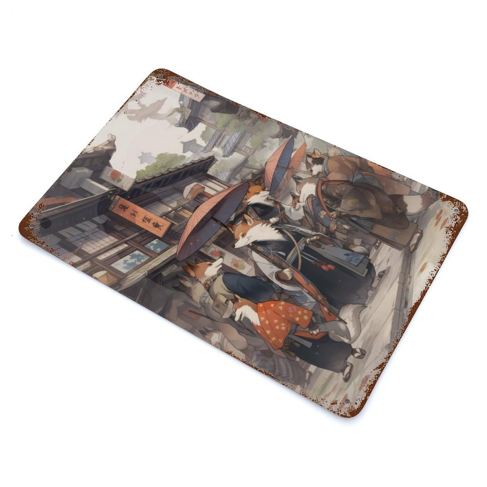Edo Fox Village Vintage Metal Tin Sign 11.8"x7.9", Farmhouse Wall Decor for Living Room, Hallway And Home Decor