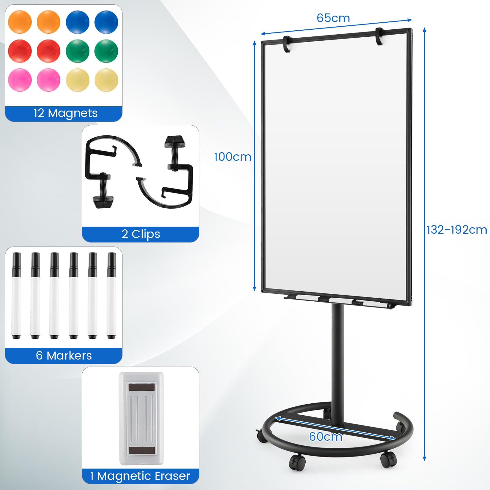 GIANTEX Tableau Blanc sur Pied 100 x 65 cm, Tableau Blanc Effacable à Roulettes, Hauteur Réglable, Face Magnétique, Porte-stylos, effaçable à sec, Gomme, Marqueurs, Aimants, Clips, Noir