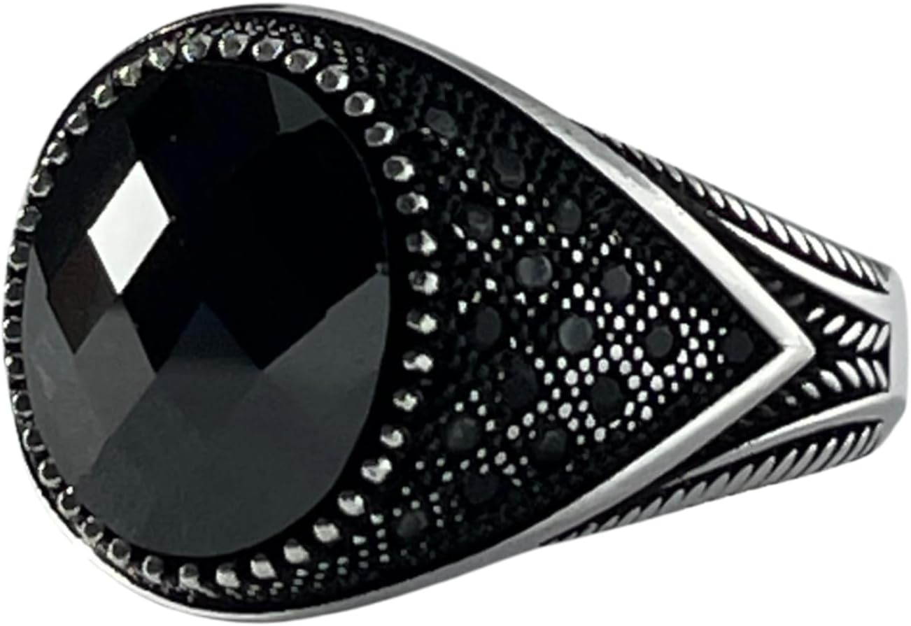 Sterling Silver Men's Black Onyx Gemstone Ring, 925 Oxidized Turkish Handmade Jewelry, Luxury Gift for Husband/Dad, Men's Ring
