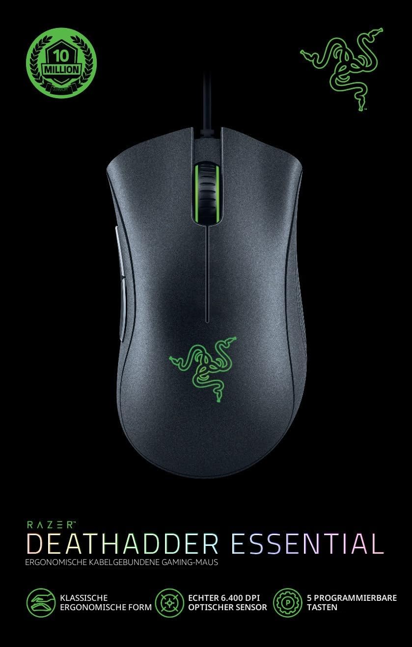 Razer DeathAdder Essential (2021) - Kabelgebundene Gaming-Maus mit Optischem Sensor mit 6400 DPI (5 programmierbare Tasten, Ergonomischer Formfaktor, 10 Millionen Klicks Lebensdauer) Schwarz