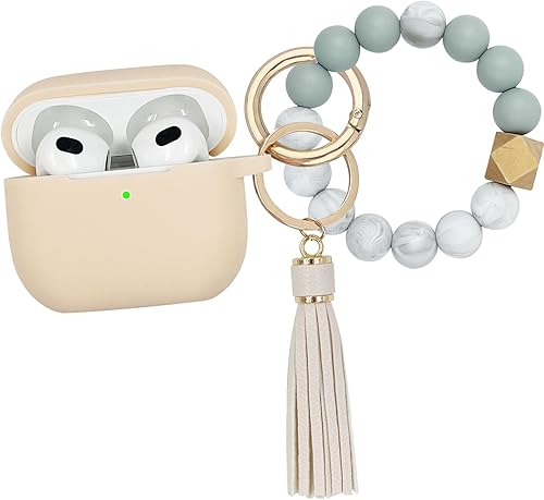 Funda para AirPods 3, funda de silicona suave para AirPods de 3 generación con llavero y pulsera con llavero de Apple para mujeres y niñas (té con