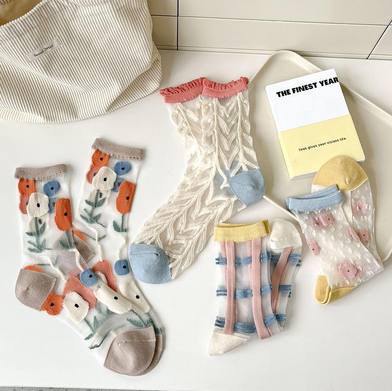 Image of 7 Pairs Women Floral Sheer Sock Elastic See Through Socks Summer Thin Mesh Lace Jacquard Socks Cottagecore Accessories