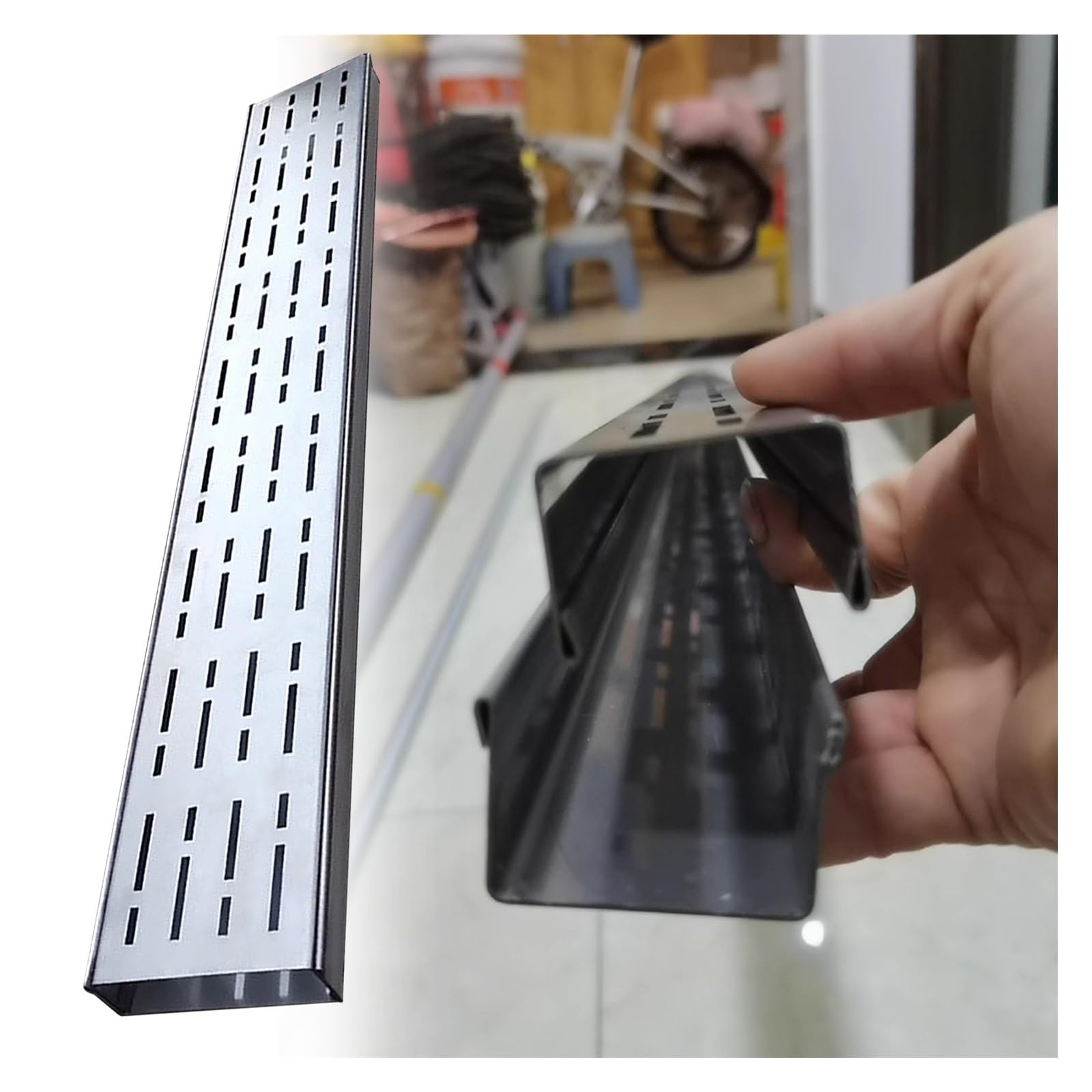 Caniveau ultra étroit de 2m avec couvercle amovible pour drainage mince de balcon L15xH5cm