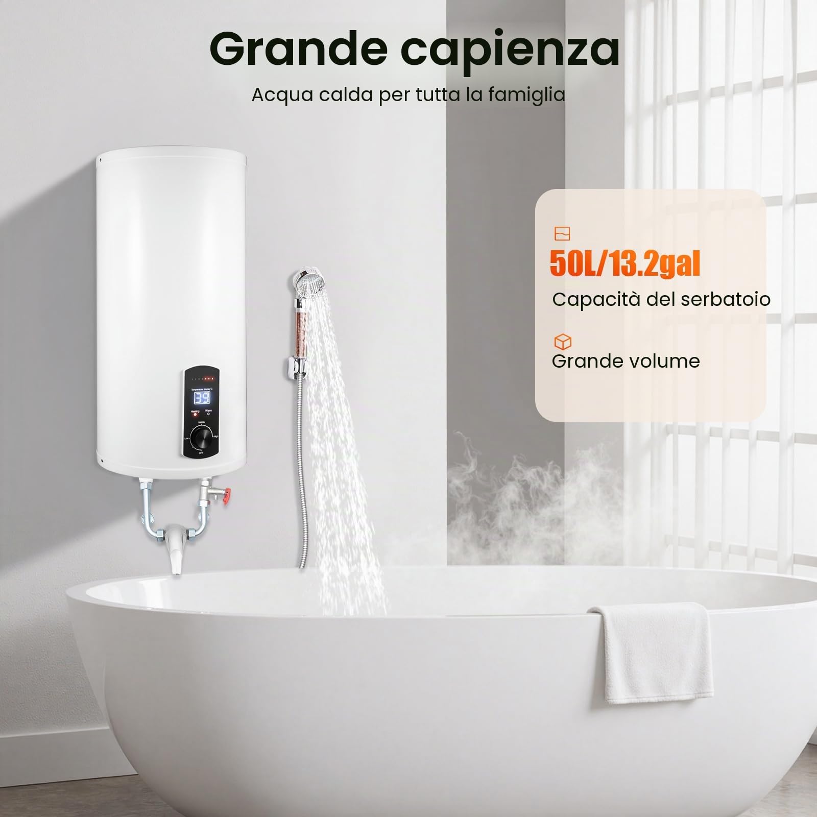 Scaldacqua istantaneo con serbatoio da 80 litri, scaldabagno elettrico con rubinetto e doccetta, dispositivo con contenitore interno smaltato, scaldabagno digitale con indicatore LED per bagno