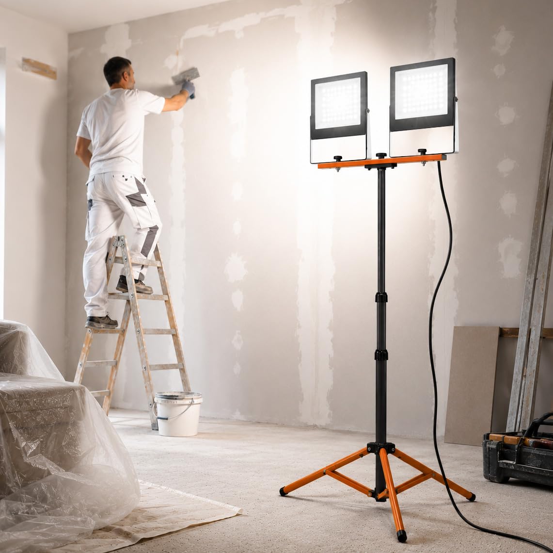 Latrans Projecteur de chantier LED avec trépied - 100 W - Double - 2 x 50 W - 6500 K - lampe de travail - 5 m