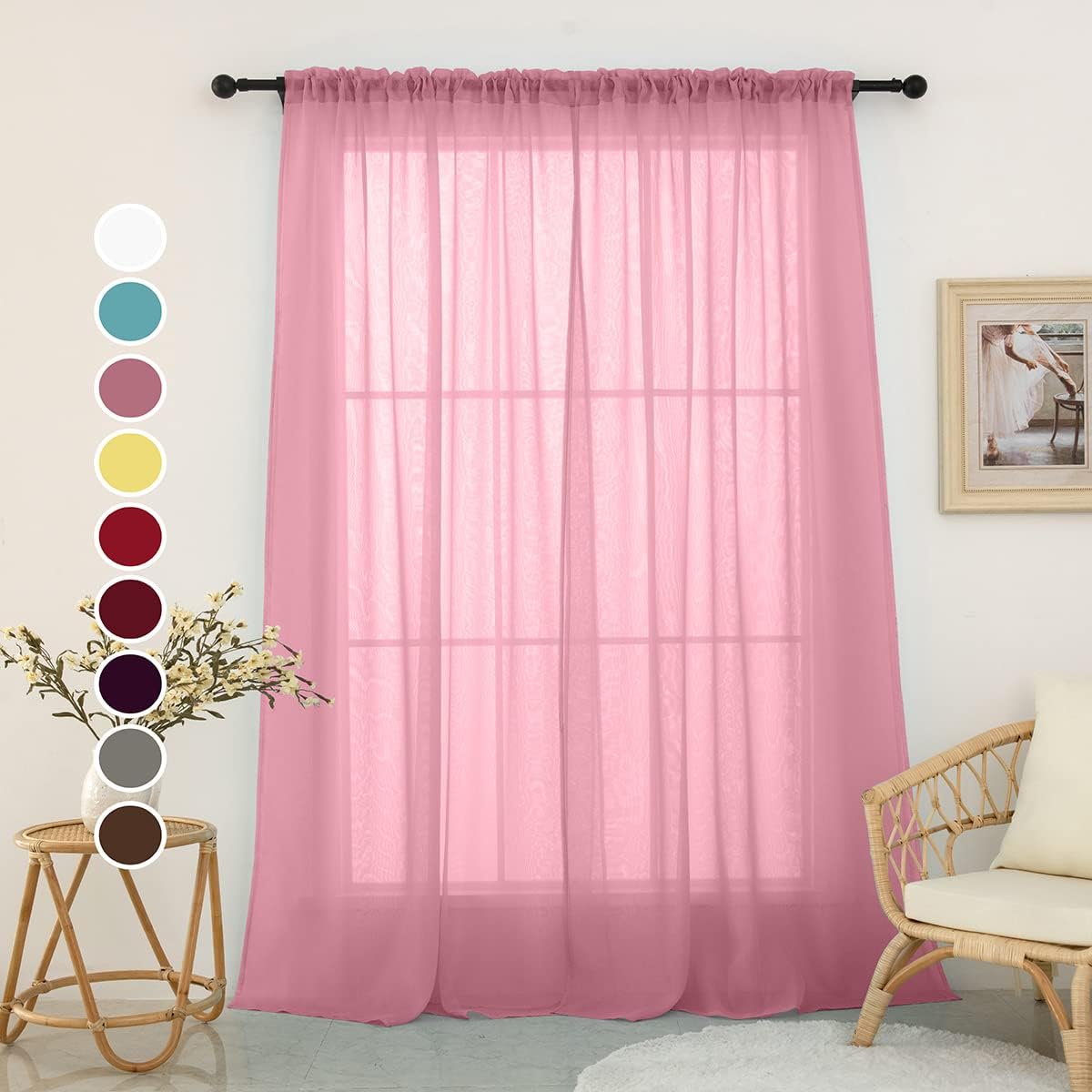Yancorp 2 Pack Sheer Curtains Pink Sheer Curtains Semi Transparent Window Curtain Drapes for Bedroom Living Room(W52 X L84, Coral Pink)