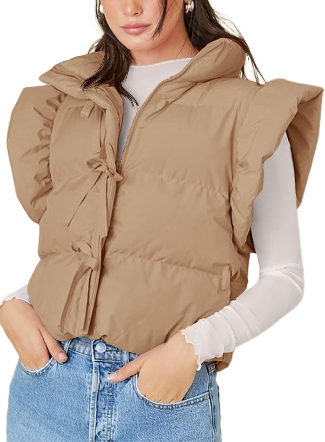 Tankaneo Womens Cropped Puffer Vest Ruffle Sleeveless Tie Front Stand Collar Quilted Vest Winter Zip Up Padded Gilets Coats
