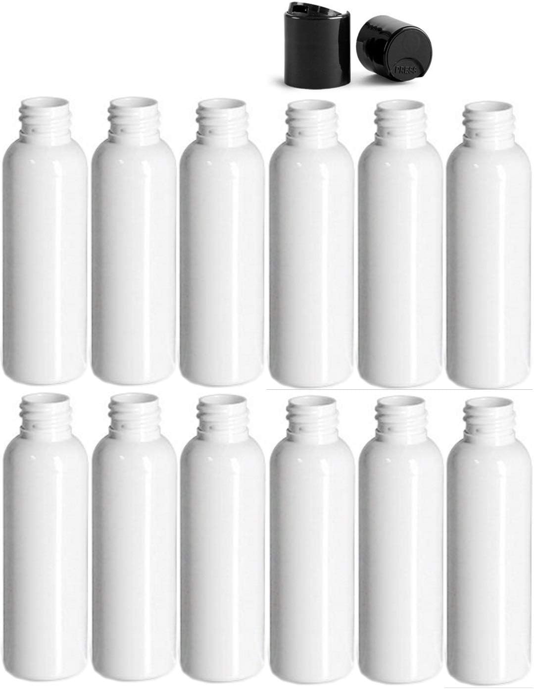 2 Ounce (60 ml) Cosmo Round Bottles, PET Plastic Empty Refillable BPA-Free, with Black Press Down Disc Caps (12 count, Black) : Beauty & Personal Care