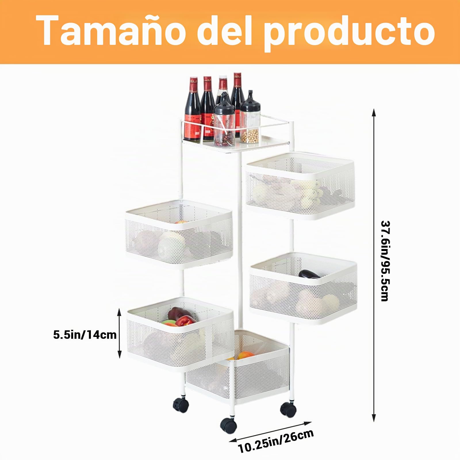 Carrito de Almacenamiento de 5 Niveles para Cocina, Estante de Verduras Giratorio de 360°, Carrito de Cocina con Ruedas, Estante de Almacenamiento de Acero al Carbono, Cesta de Frutas