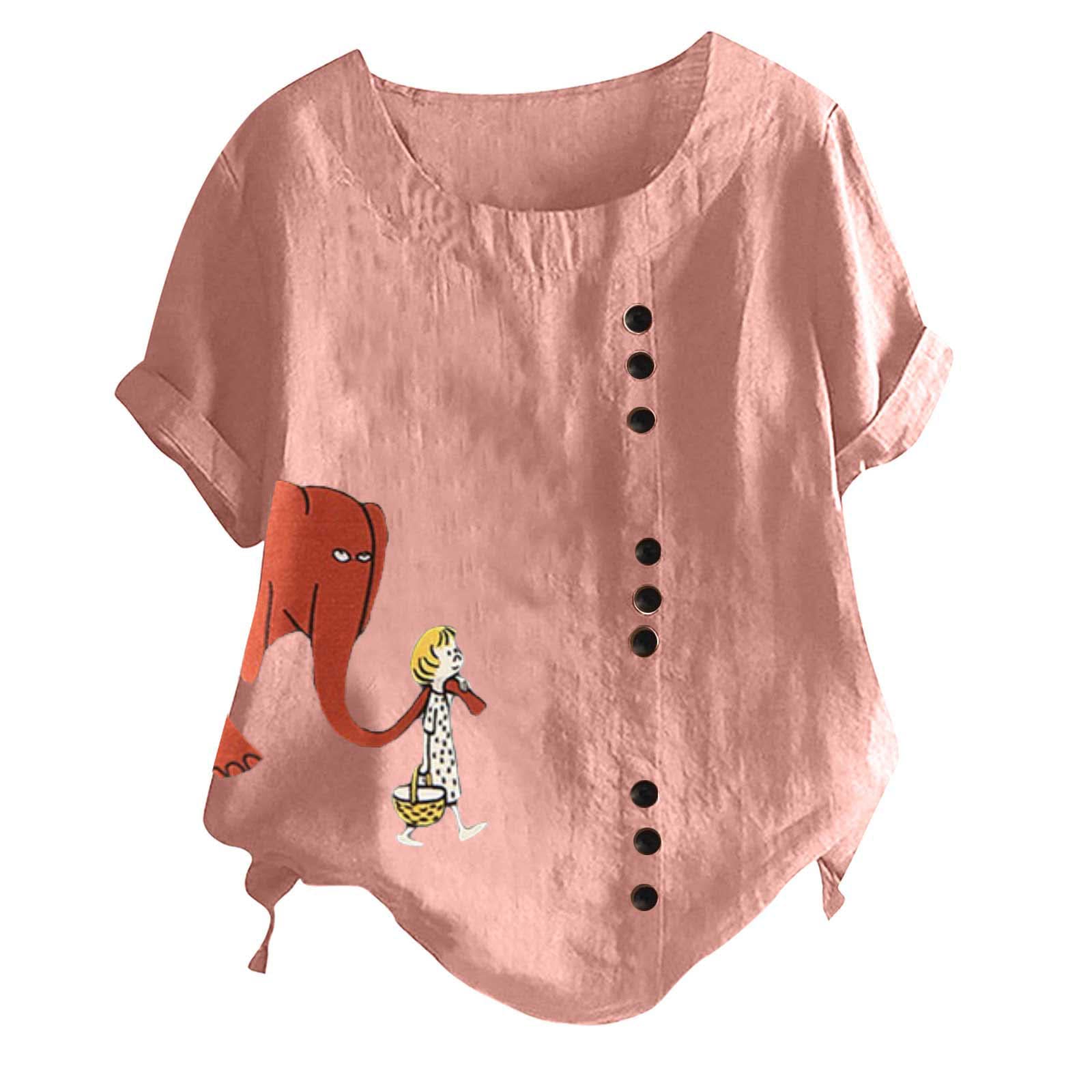 Cotton Linen Womens Plus Size Cute Tops Flower Graphic Printed Fashion T Shirt Crewneck Short Sleeve Blouse Tops