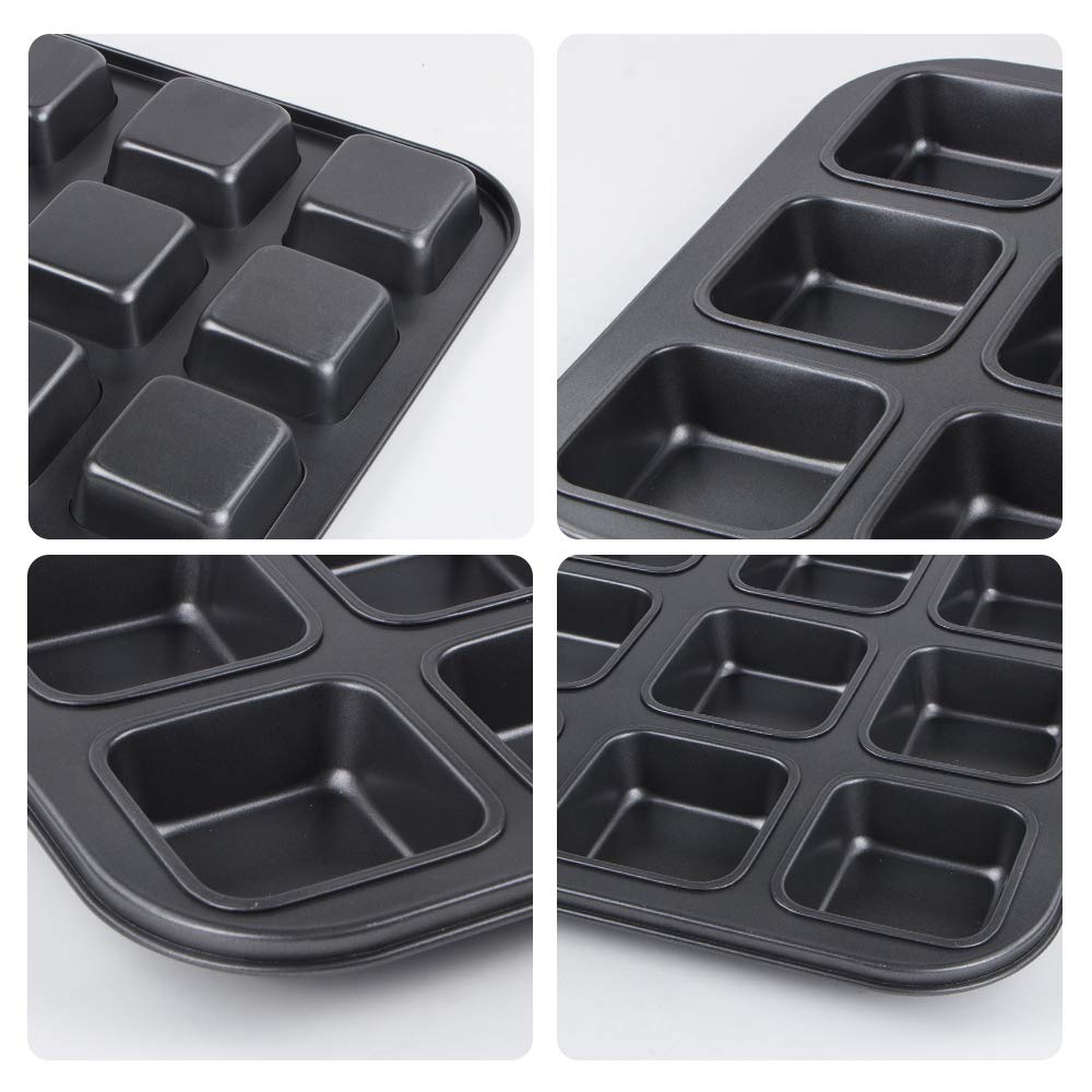 Mini sartén antiadherente para barra de brownies, 12 cavidades, de acero al carbono, cuadrada, para hornear brownies individuales, panes, galletas 3
