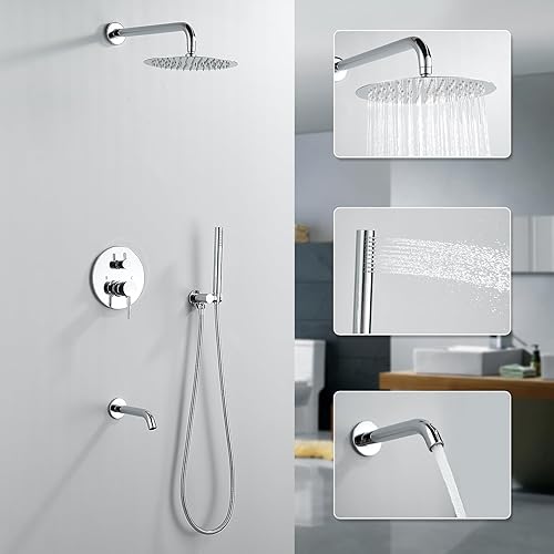 Miniatura 4 de TSIBOMU Sistema de ducha redondo con boquilla de bañera, juego de grifo de ducha de 3 funciones con cabezal de ducha de 10 pulgadas, ducha de mano,