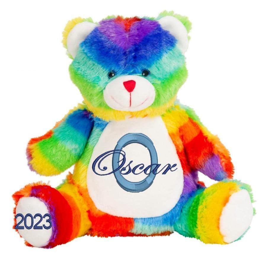 Personalised Teddy Bear and Animal Soft Plush Toys with Name & Initial, Customisable New Baby Gift, Baby Boy, Baby Girl, Baby Shower Gift, Birthday Gift, Christening Gift (Rainbow Teddy Bear)