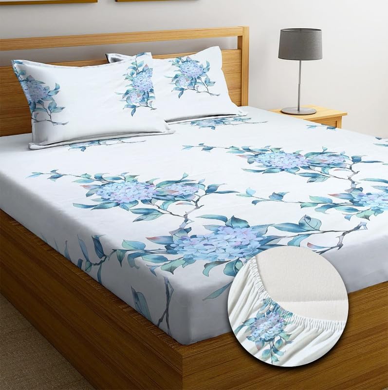 Image of NHD HOME Premium Cotton Elastic Fitted Bedsheets with 2 King Size Pillow Covers | Double Bed with All Around Elastic 220 TC Supersoft |Size-72 King Sizex78+10 inches | Floral, White & Aqua