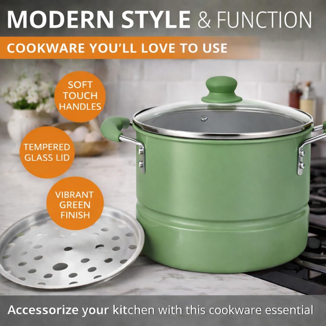 Alpine Cuisine 20- Quart Stock Pot with Lid, Aluminum Cooking Pot with Gray Ceramic Nonstick Coating, Steamer Insert for Soup, Pasta, Stews, and Dumplings, Watercress Green