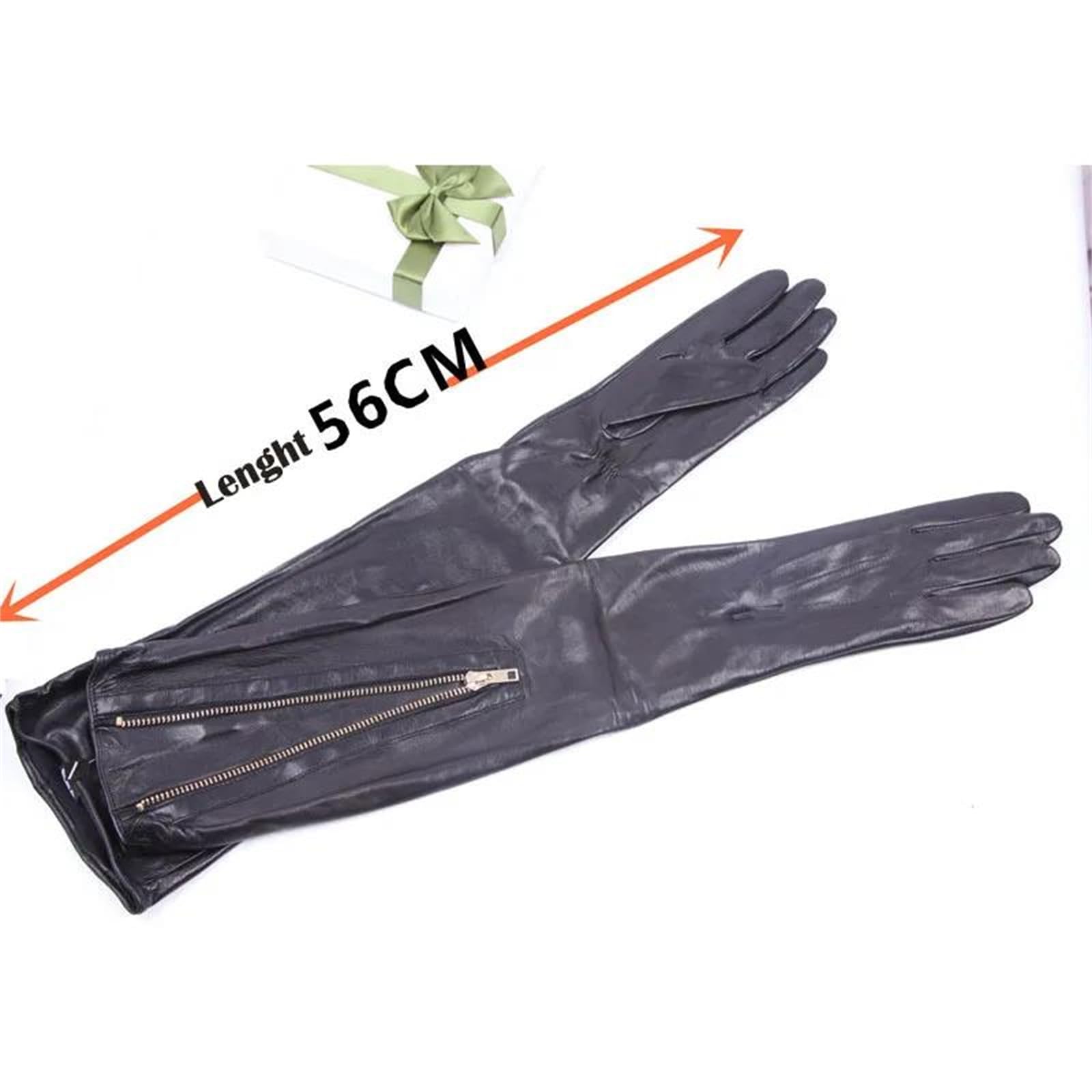Guantes largos de piel de oveja auténtica para mujer, con cremallera de metal, forro de nailon, para fiesta de noche, baile, conducción