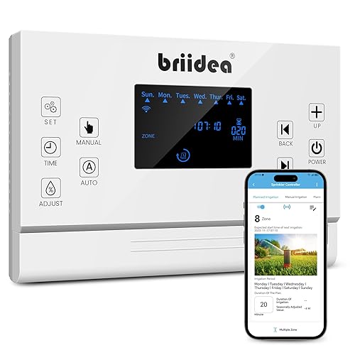 8 Zones WiFi Smart Sprinkler Controller, Briidea Automatic Irrigation Controllers with Customized Watering Schedule & Seasonal Adjustment, Water Efficiently and Keep Your Plants Healthy, MK-117