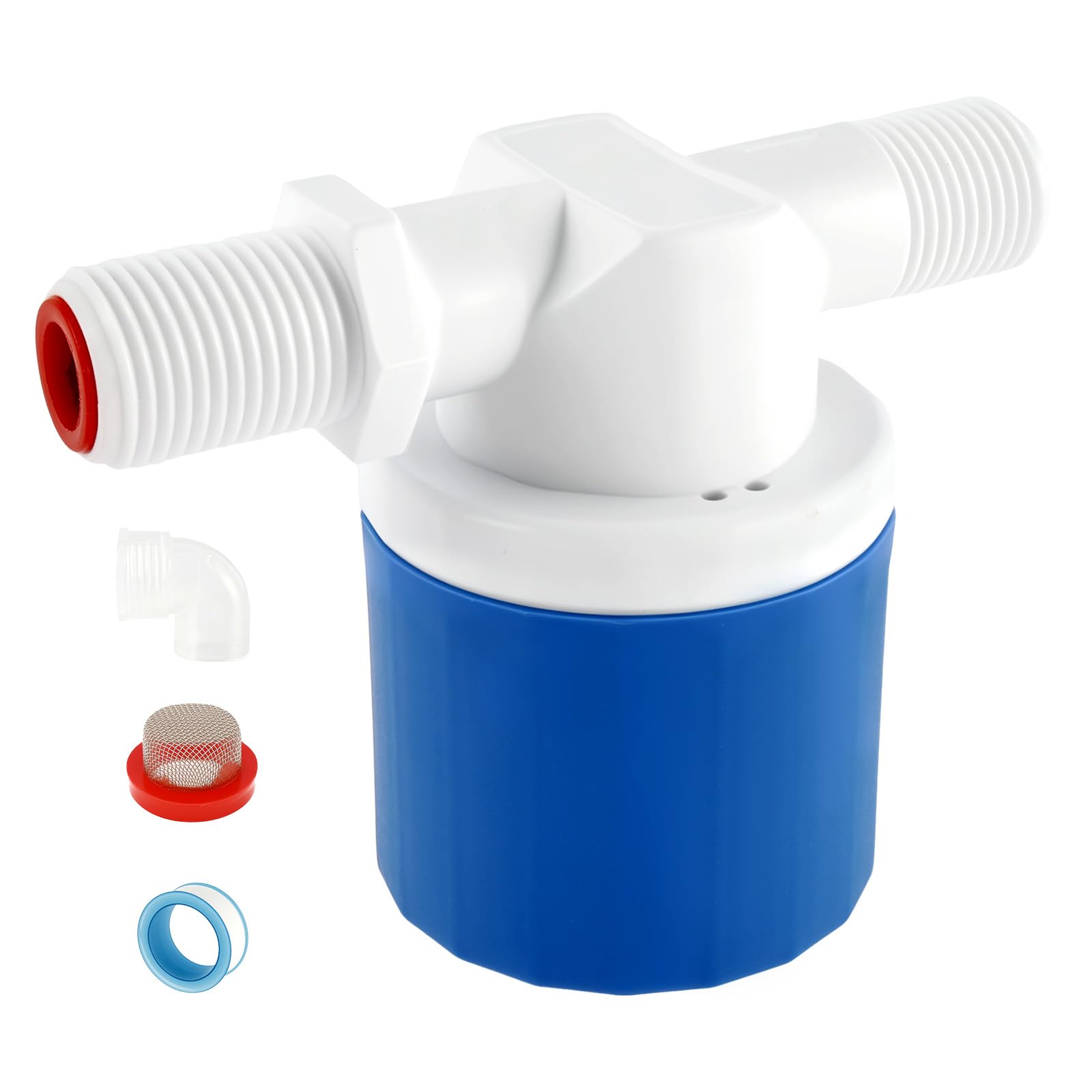 Menibbler Blue,White Automatic Float Valve With Elbow Fitting, Universal Water Level Control Valve For Water Tanks, Aquariums, Livestock Troughs & Irrigation Systems
