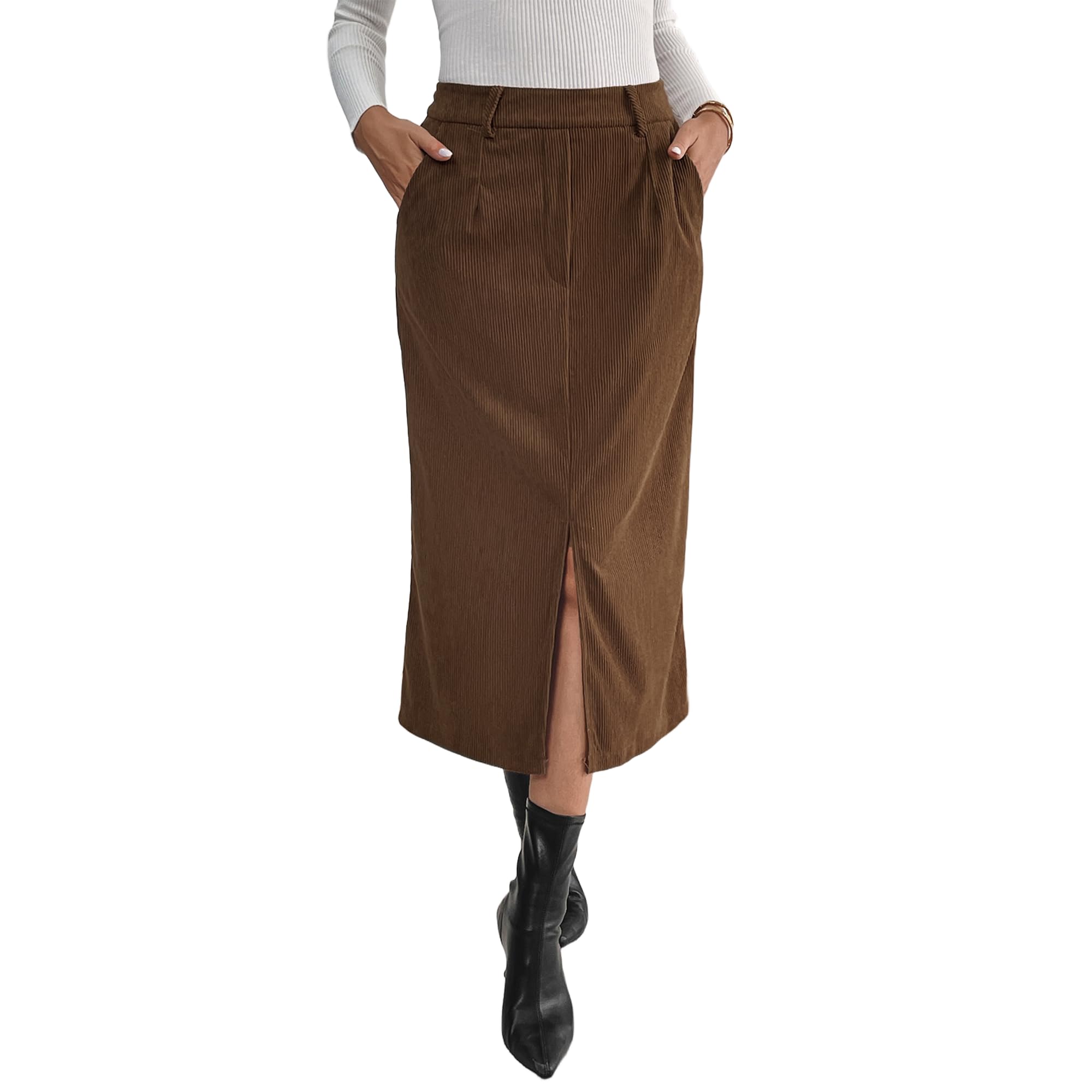 Womens Vintage Corduroy Skirts Elegant High Waisted Slit Midi Skirt with Pockets Fall Winter Brown Work Office Outfits