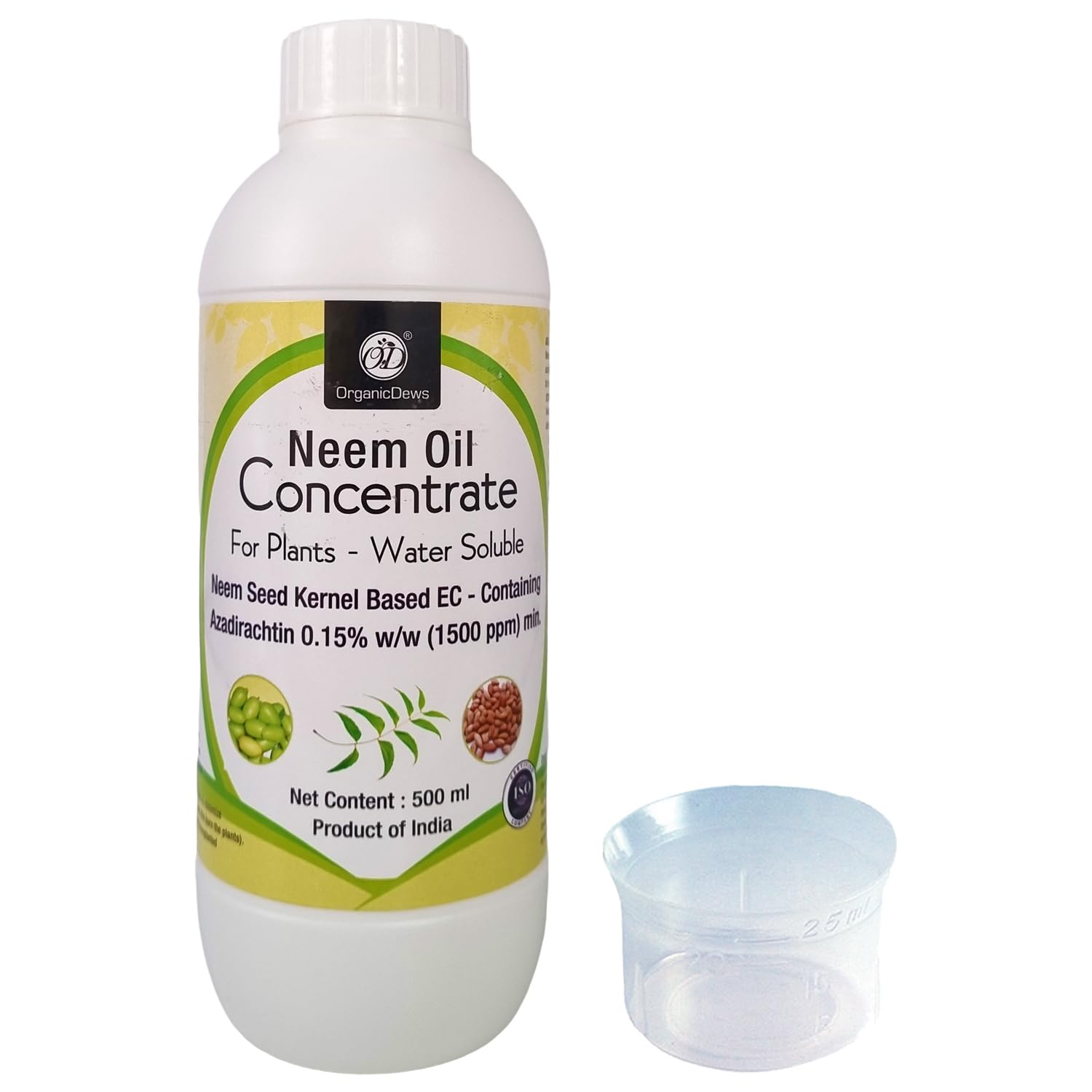 OrganicDews Neem Oil 1500 PPM (Water Soluble) Concentrate For Plants 500 ml With Measuring Cup 25 ml - Controls Garden Insects 500 ml