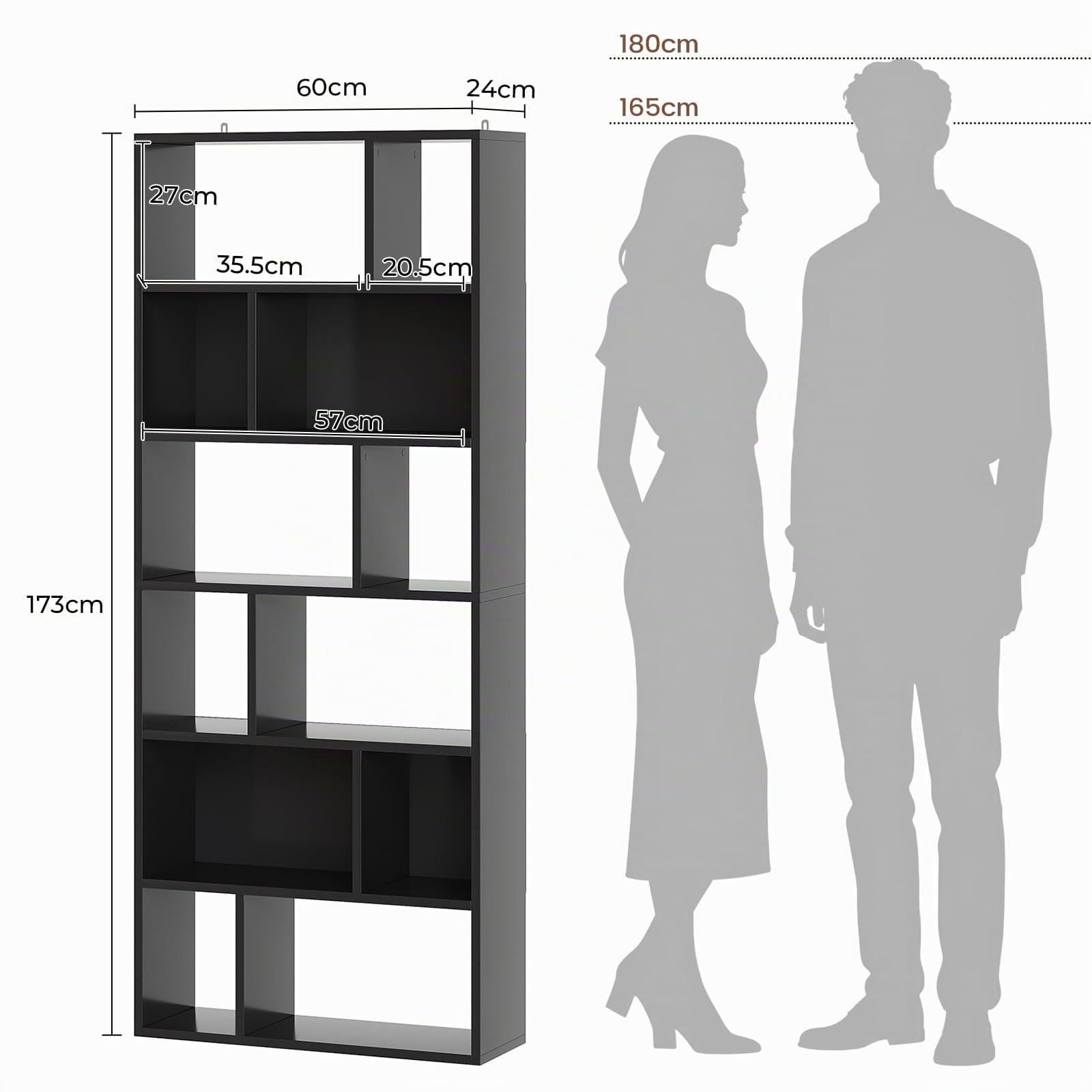Bibliothèque, Étagère à 6 Niveaux, Cloison Séparateur, Présentoir, Meuble de Rangement avec 12 Compartiments Ouverts pour Salon, Chambre, Bureau, 24 x 60 x 173 cm, Noir