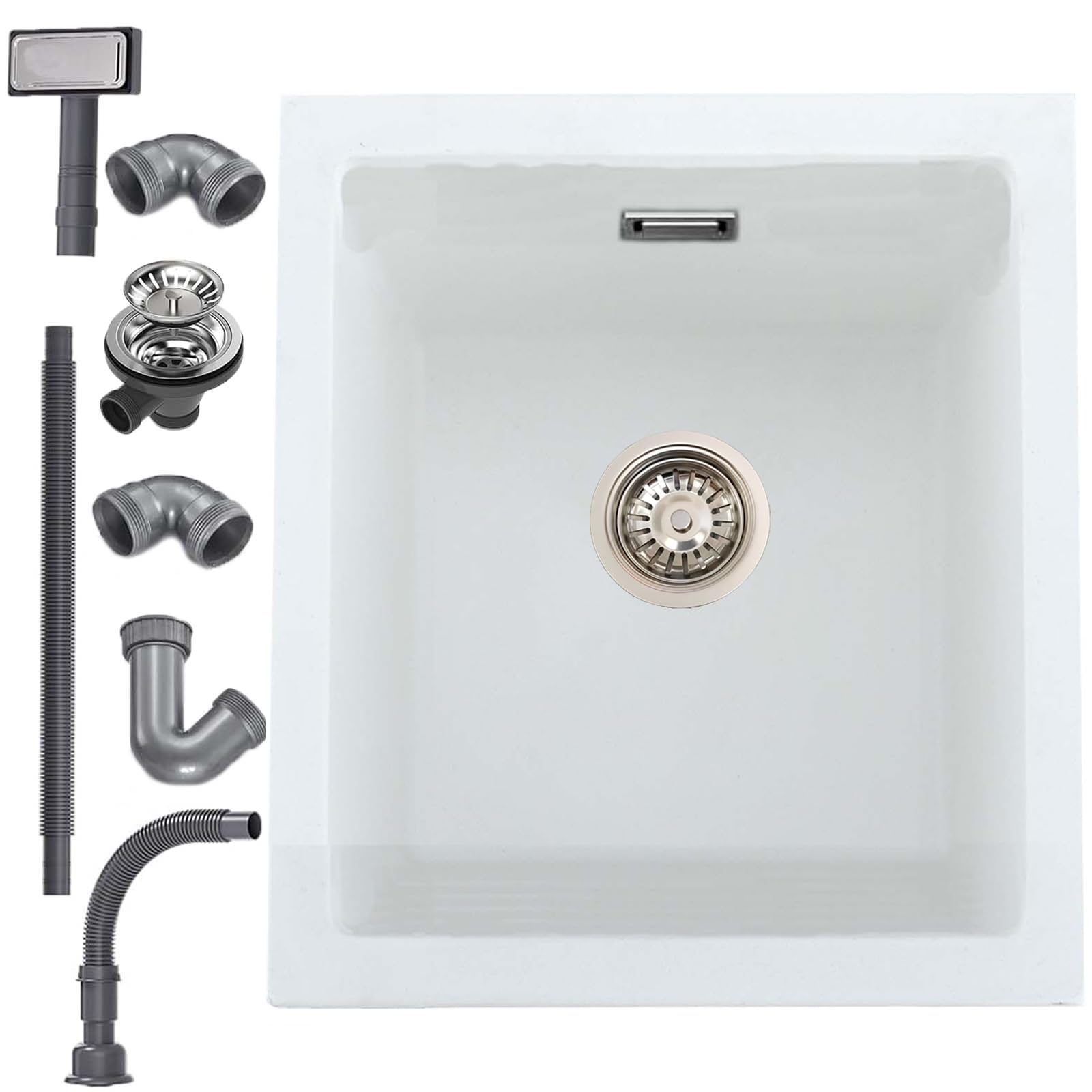 iAnomla Quartz White Kitchen Sink, 40x45cm/16x18in, Composite Inset/Undermount Kitchen Small Sink Waste Kit,Single Bowl Commercial with Overflow, Suitable for Workstation