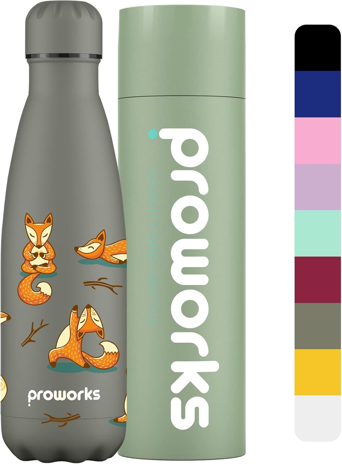 Proworks Insulated Water Bottle, BPA-Free, Reusable Stainless Steel Bottle for 12 Hours Hot & Cold Hold Up to 24 Hours, Sport, Gym, Travel – 500 ml – Gravity Grey – Fox Yoga