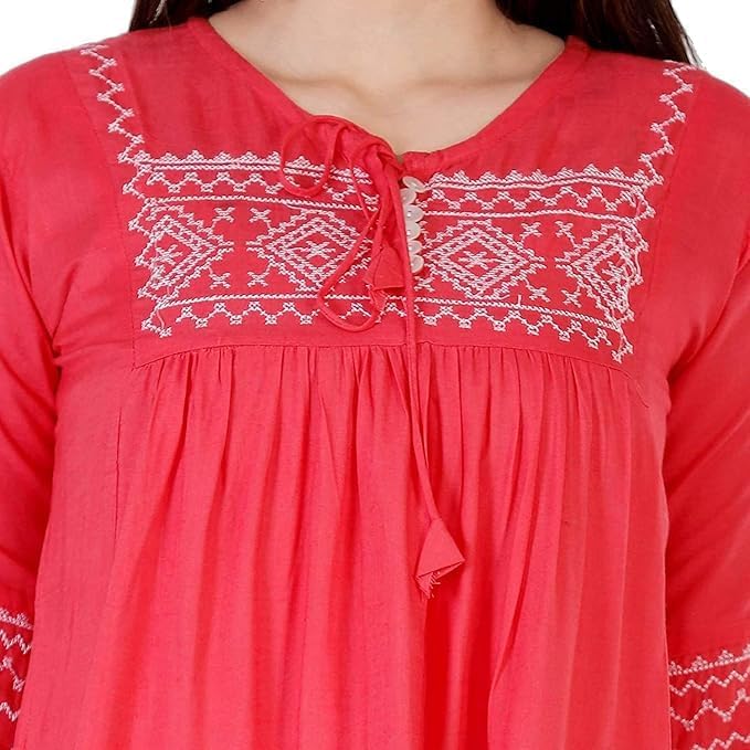 Image of Avayayat Women's Rayon Classic Heavy Embroidery Top with Beautifull Tassels at Front and on Both Sleeves Regular Fit Office Wear Festival Tunic Jeans Summer