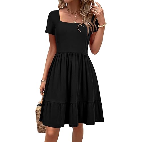 Newshows Womens 2024 Summer Dress Short Sleeve Square Neck Dresses Casual Beach Vacation A-Line Ruffle Sundress with Pockets