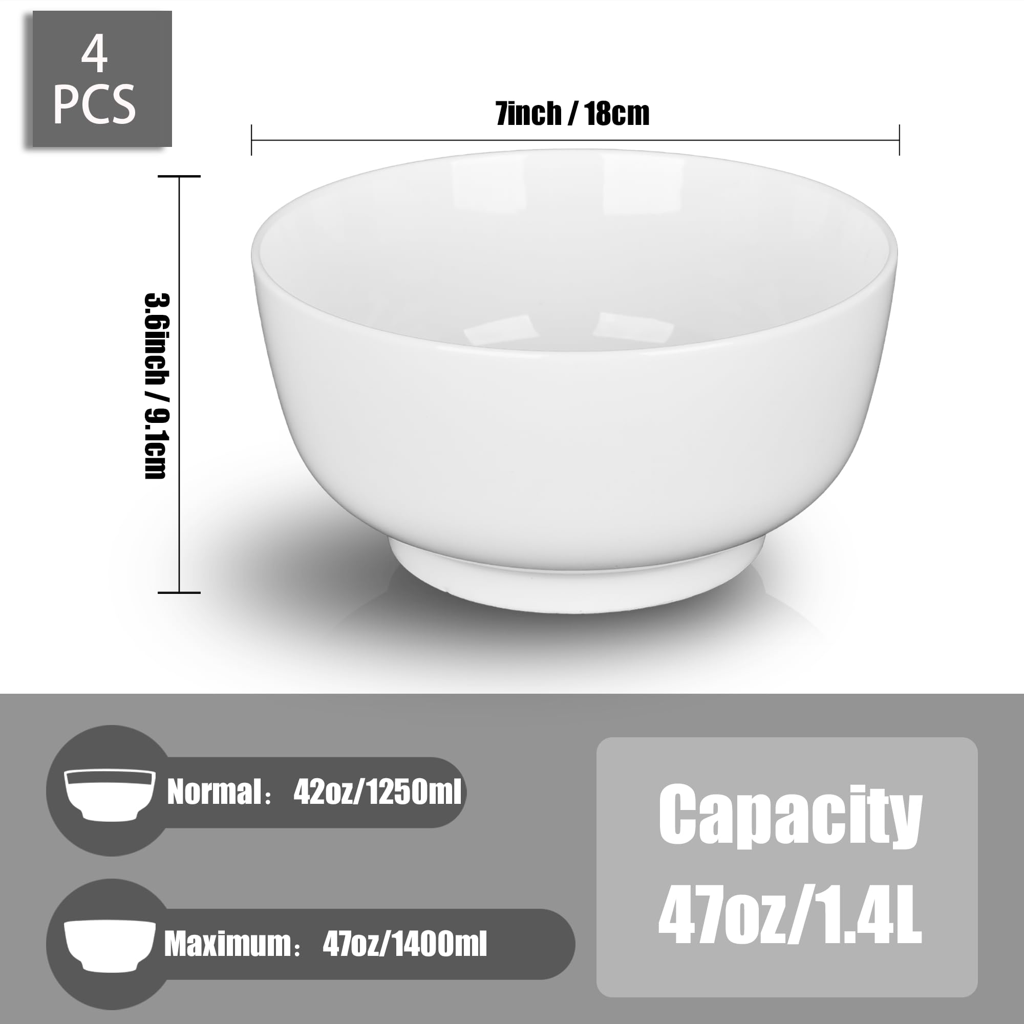 Lot de 4 bols à céréales en céramique - 1400 ml - Grands bols à soupe - Pour salade, ramen, riz, pho, nouilles, fruits, etc. - Passe au micro-ondes - Blanc - Diamètre : 18 cm