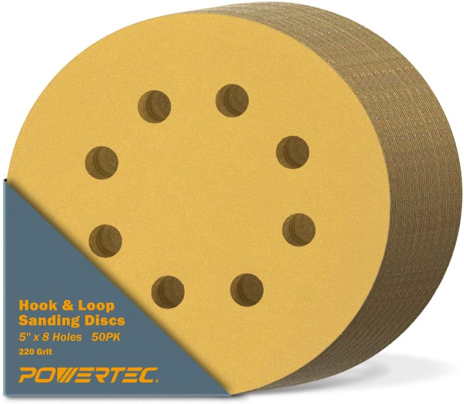 POWERTEC 44022G-50 Gold 5” Hook and Loop Sanding Disc | 8 Hole | 220 Grit – 50 Pack - - 