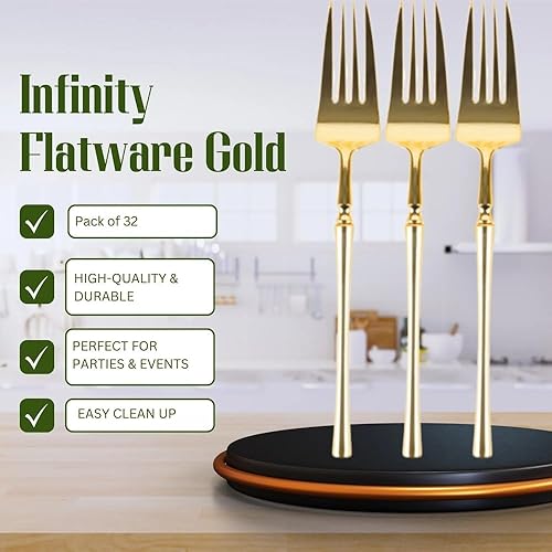 Miniatura 2 de Blue Sky Infinity Flatware Gold - Tenedores desechables para cena, 32 unidades, lujosos cubiertos de plástico prémium para eventos y reuniones