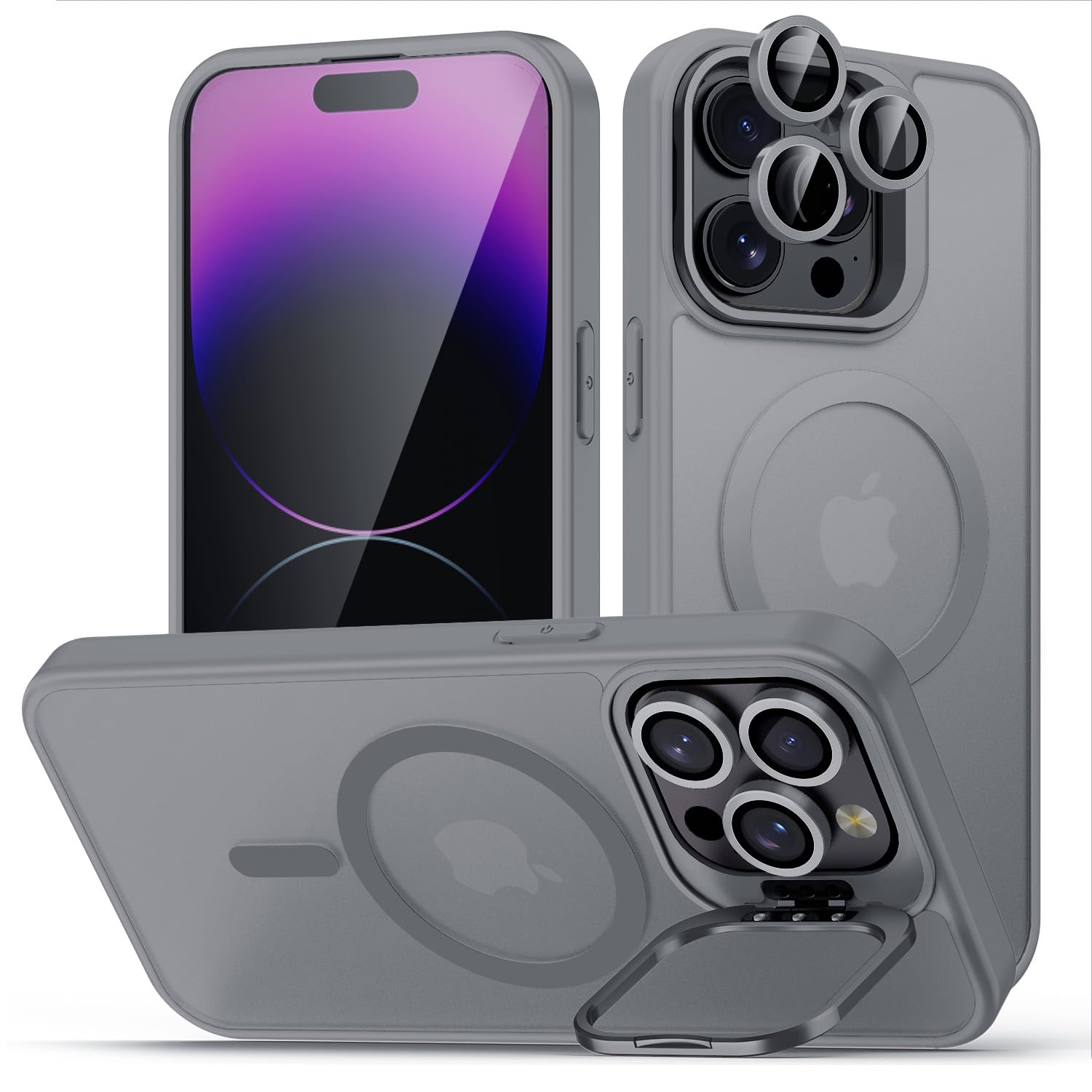 TOBOVON for iPhone 14 Pro Case, Compatible with MagSafe, Built-in Camera Ring Stand, with Individual Camera Cover, Translucent Matte Military-Grade