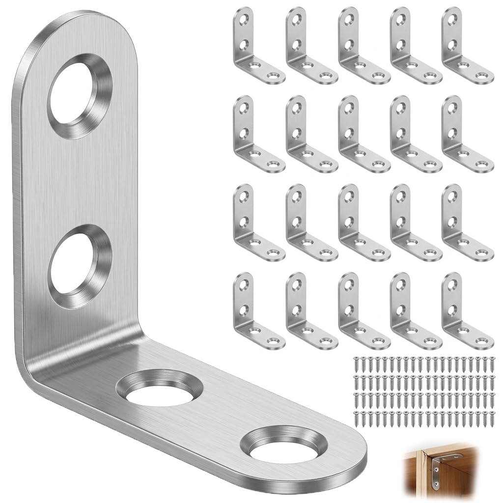 20 Pcs Corner Bracket Heavy Duty Angle Brackets 40X40mm Right Angle Brackets 90 Degree L Shaped Bracket Stainless Steel Fastener with 80 Screws for Wood Furniture Fixation & Cabinet Repair, 4 Holes