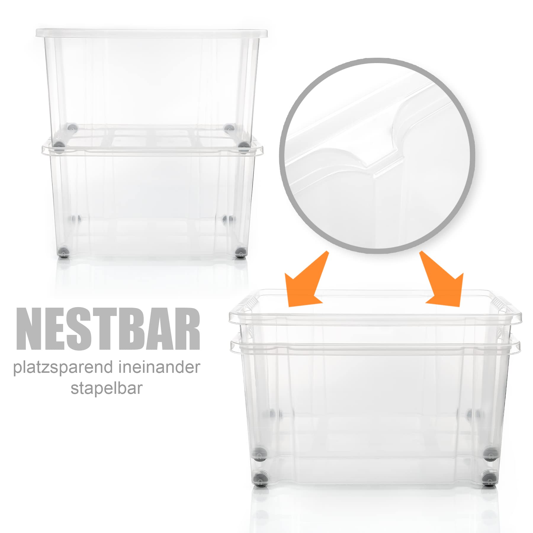 BigDean 3 Stück 60 L Aufbewahrungsbox mit Deckel groß stahlgrau stapelbar | stapelbare robuste Box - rollbare Stapelbox mit festen Klickverschlüssen - Made in Germany
