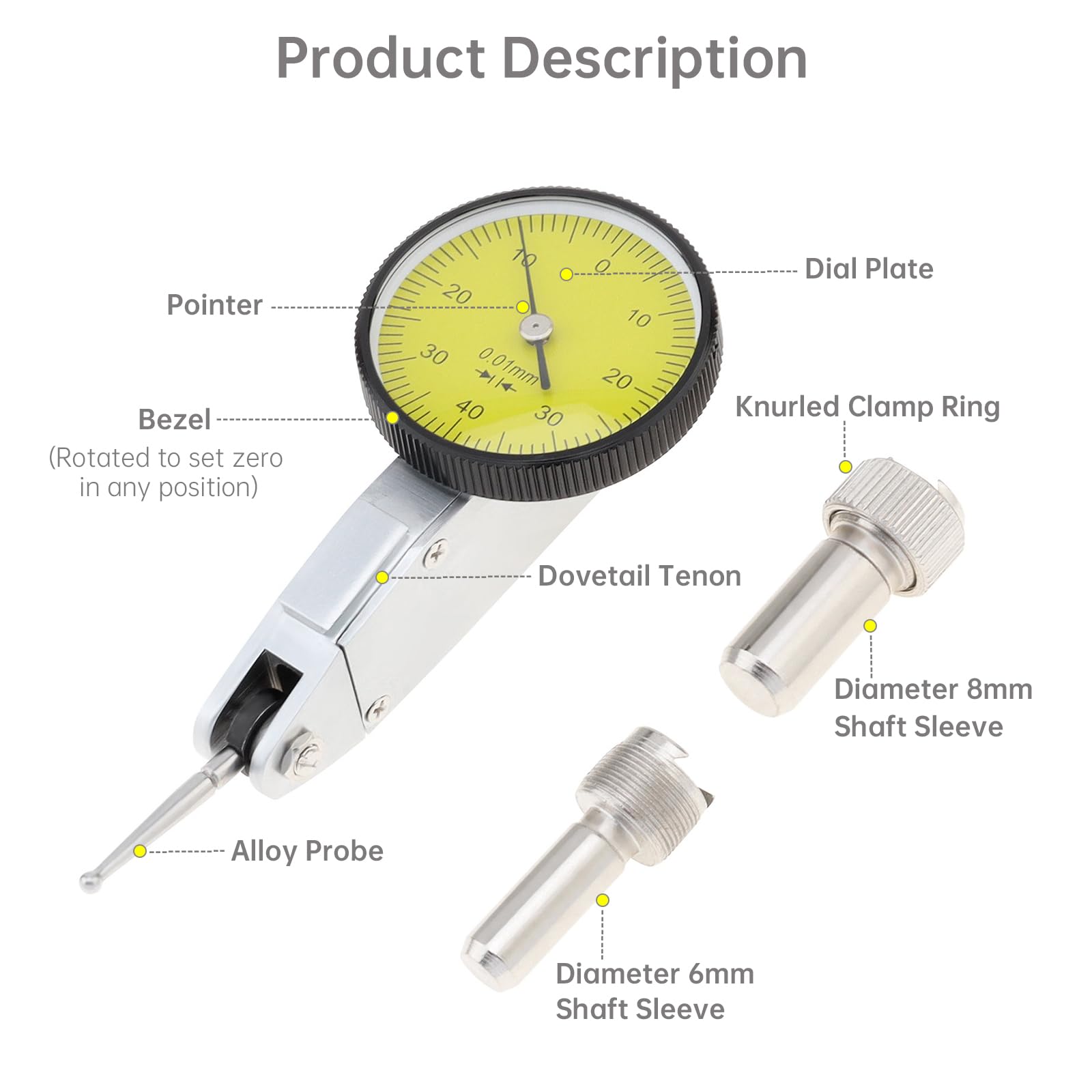 Indicateur de test à cadran 0-0,8 mm, précision de 0,01 mm, indicateur de test à cadran à levier, échelle 0-40-0, cadran jaune avec accessoires d'installation, manchons de 6 mm/8 mm