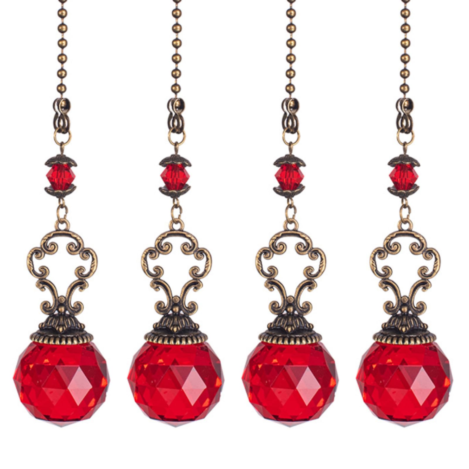 4PCS Ceiling Fan Pull Chain, Light Pull Chain Extension with Crystal Prism Ball, Decorative Fan Pull Chain, Fan Light Pull Chain/Blind Cord Pull (Red)