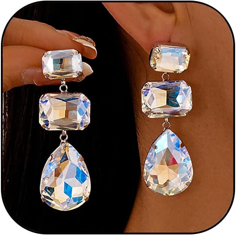 Rectangle Crystal Earrings for Women Vintage Rhinestone Statement Earrings Clear Crystal Drop Dangle Earrings Wedding Bridal Birthday Jewelry for Women