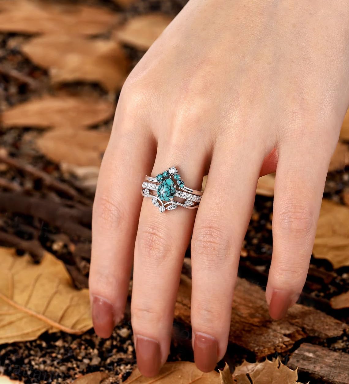 Turquoise Engagement Ring for Women 1CT Unique Oval Turquoise S925/10K/14K/18K Curved Stackable Matching Wedding Band Gifts For Her