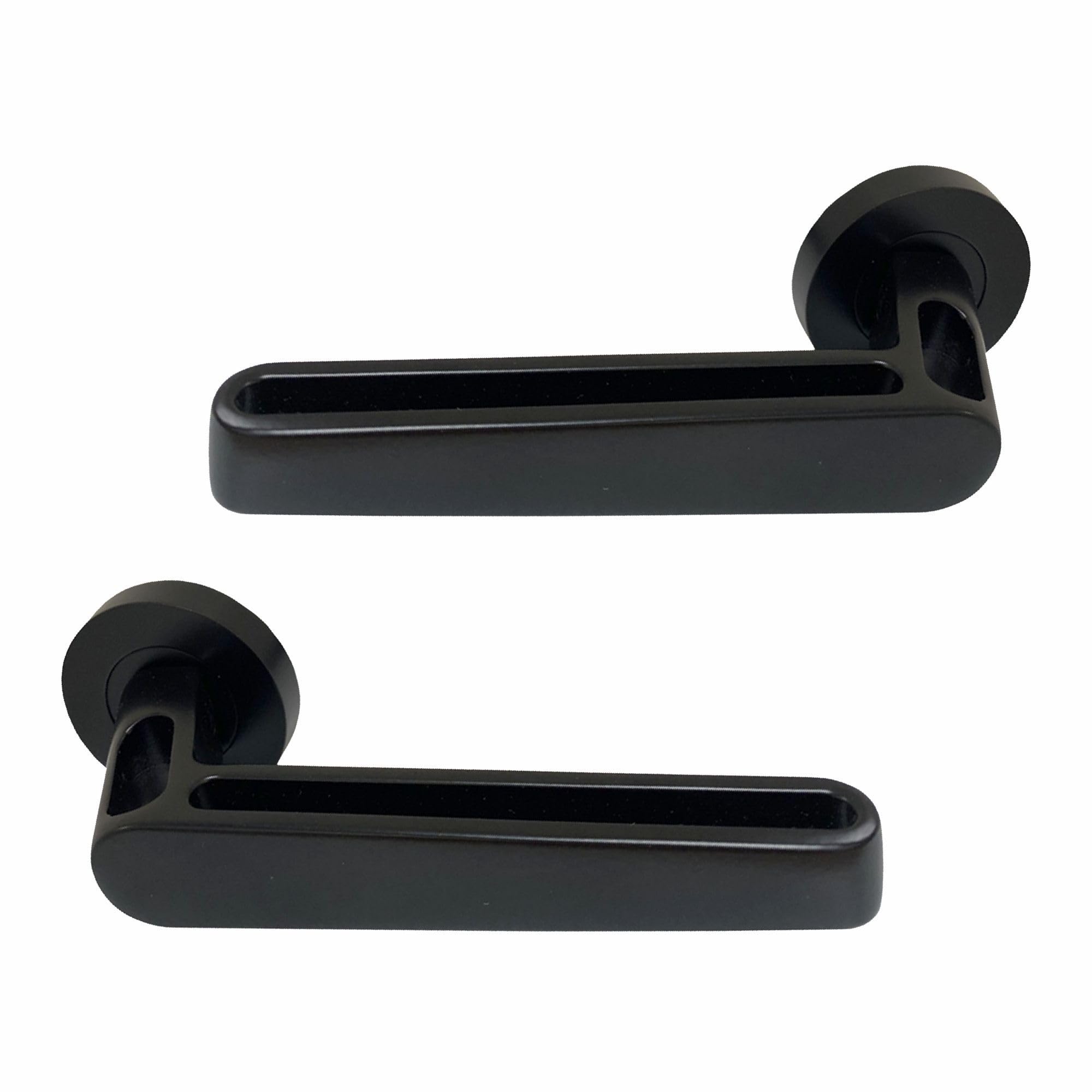 Uap Black Lyra Internal Door Handles On Round Rose, Matt Lift & Lock Lever Handles For Interior Wooden Doors, Keyless Pair